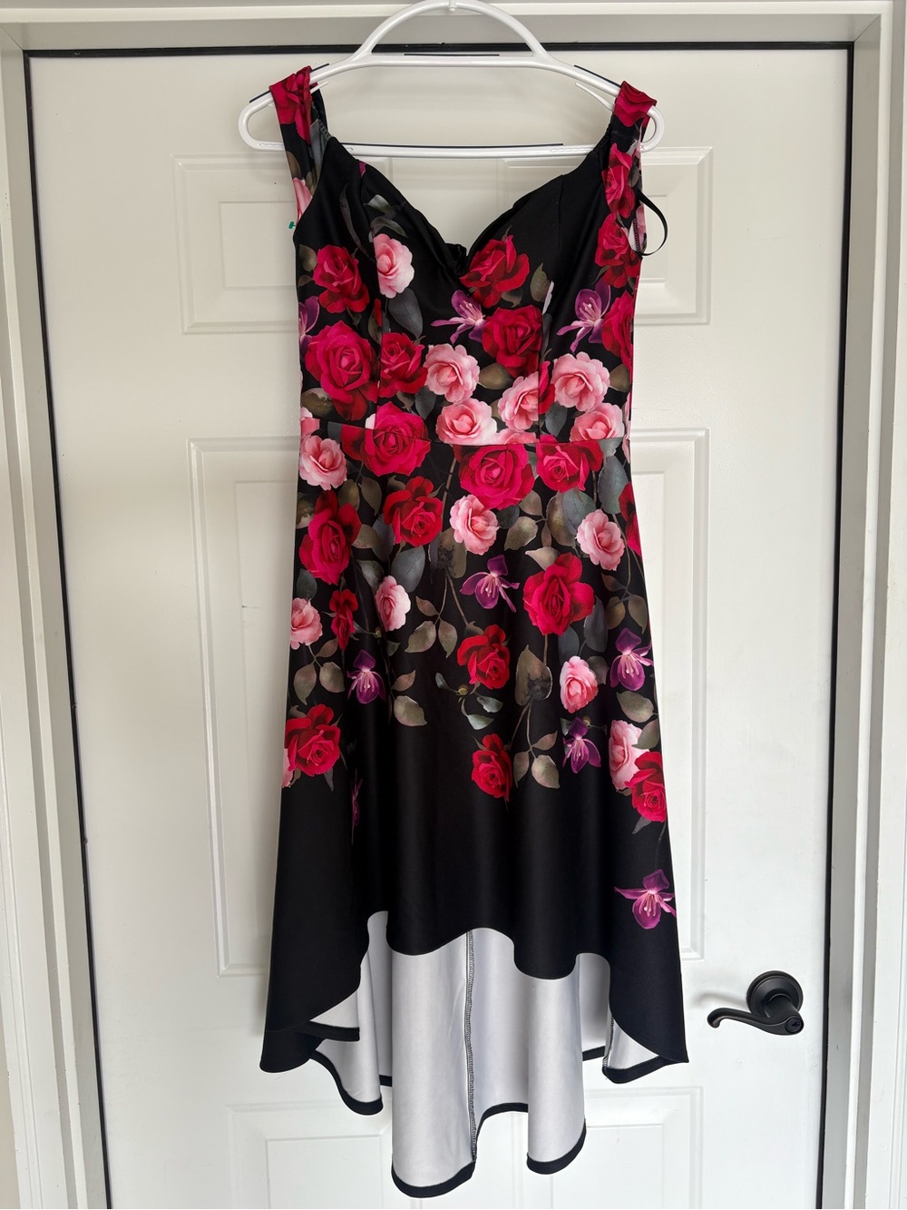 Premier Black High-Low Dress with Red & Pink Rose Print